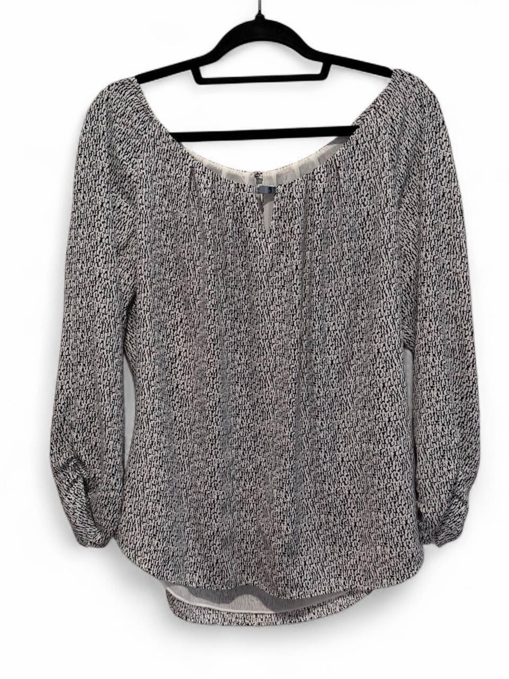 White House Black Market Black and White Long-Sleeve Printed Blouse Large